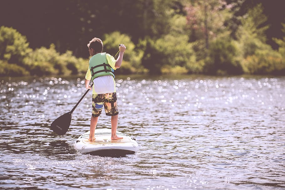 boy, child, fun, kid, lake, leisure, life vest, outdoors, paddle HD wallpaper