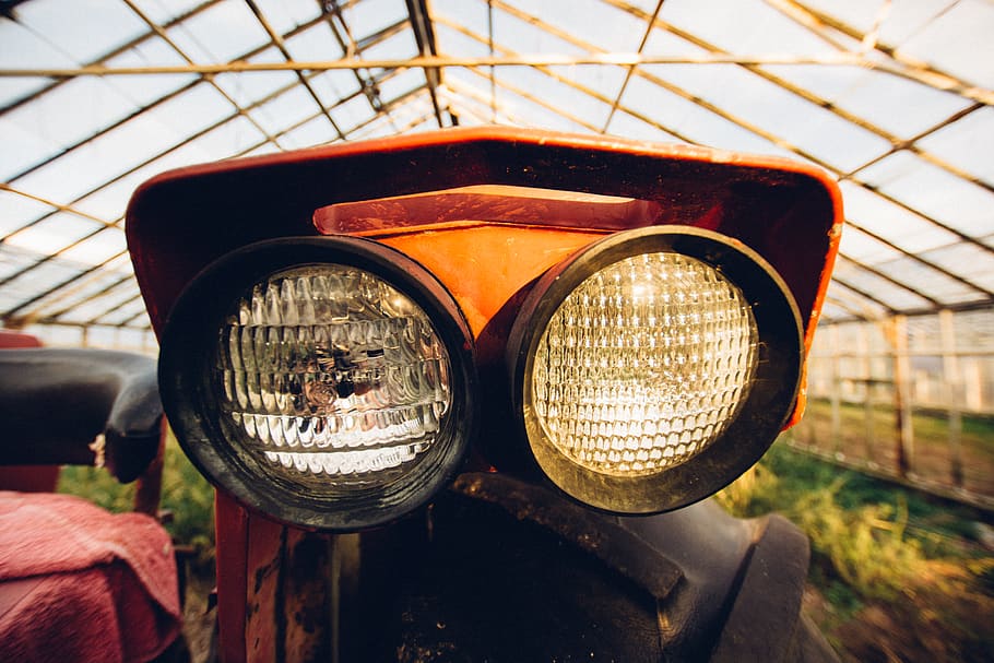 headlight, headlights, tractor, red, old, antique, abandoned HD wallpaper