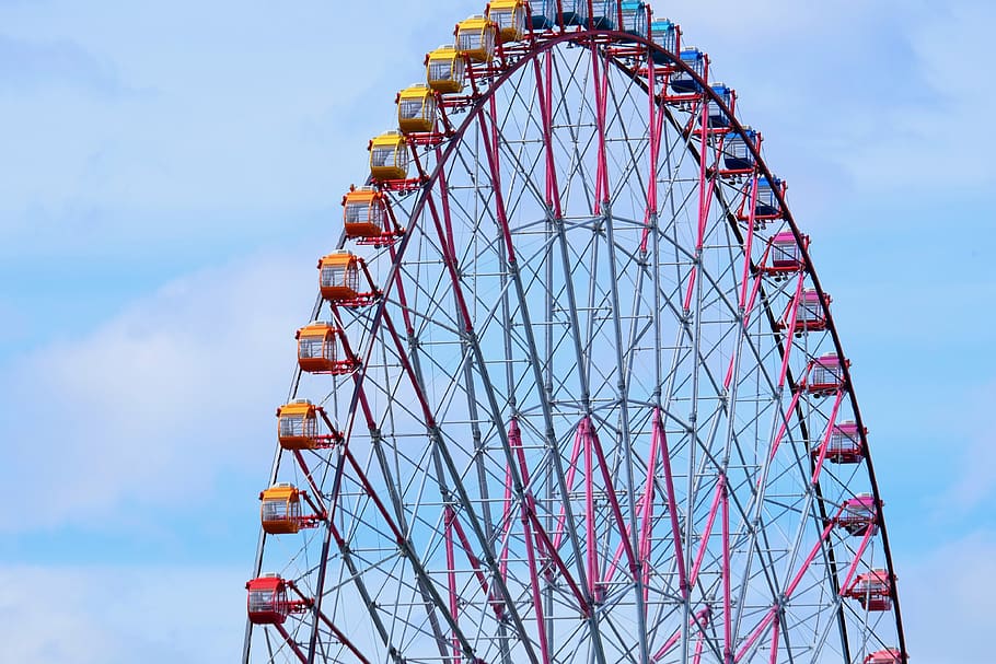 ferris wheel, blue sky, great view, play, amusement park, amusement park ride, HD wallpaper