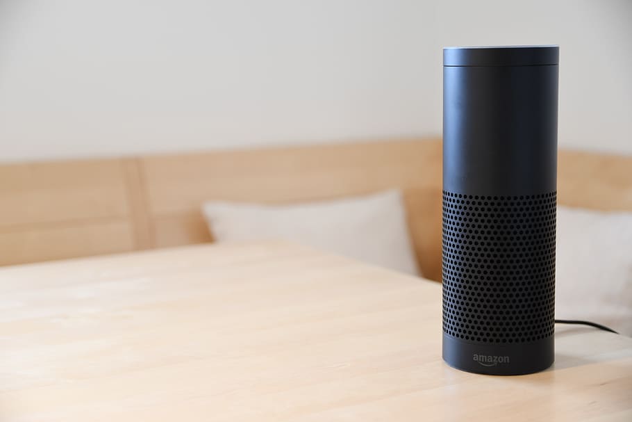 Black Amazon Echo On Table, amazon alexa, design, technology