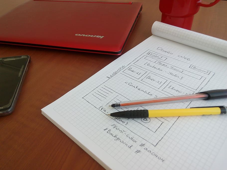 book, pencil, code, programming, red, notebook, web design, HD wallpaper