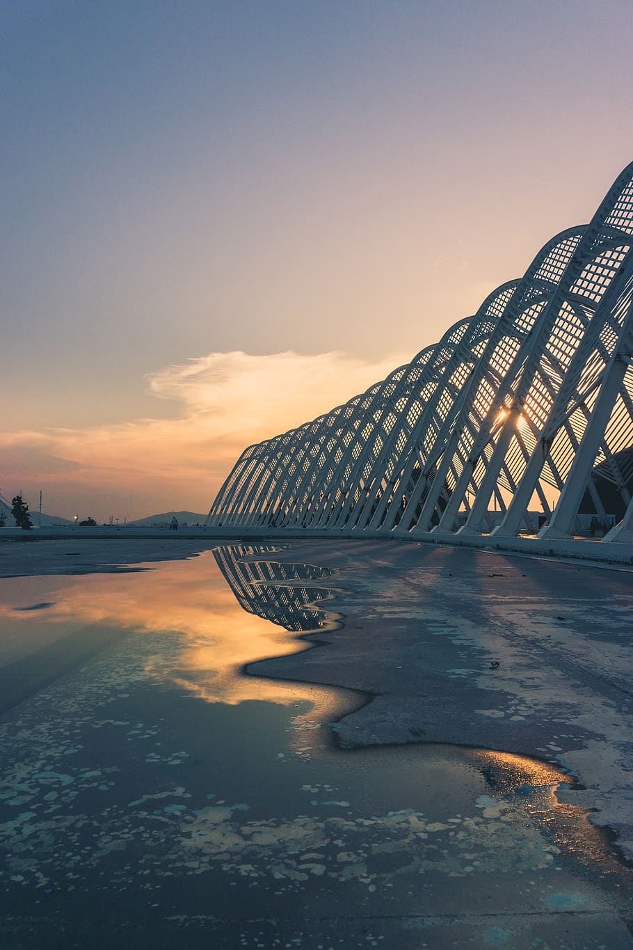 sunset, architecture, reflections, sky, water, cold temperature HD wallpaper