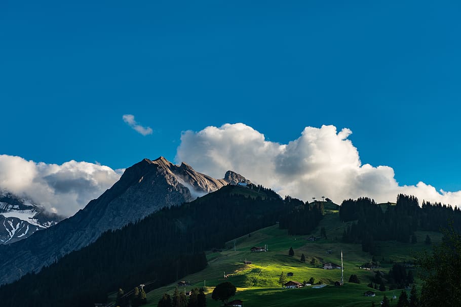 highland, mountain, green, grass, nature, landscape, blue, sky HD wallpaper