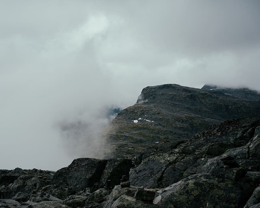 foggy mountain during daytime, rock, cloud, cold, landscape, peak HD wallpaper