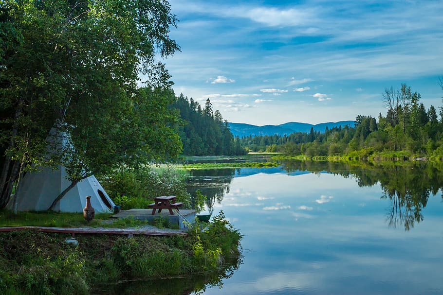 lake surrounded by trees, nature, landscape, forest, tent, sandpoint HD wallpaper