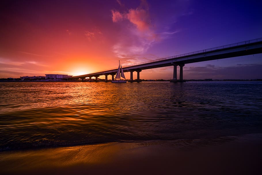 orange beach, alabama, bridge, sunset, water, bridge - man made structure, HD wallpaper