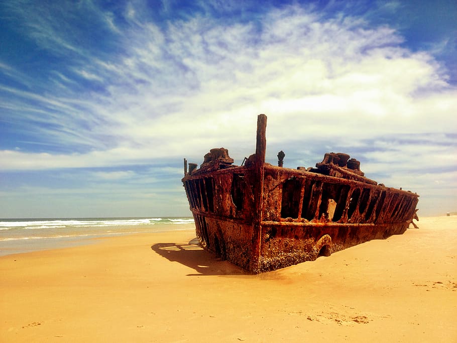 australia, fraser island, beach, sea, sky, sand, shipwreck, HD wallpaper
