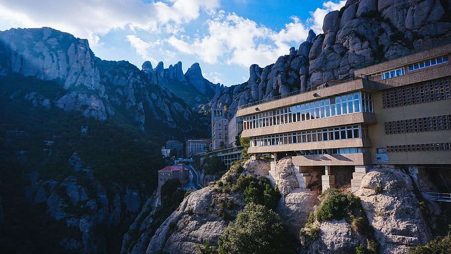 mountain, building, cliff, hill, built structure, architecture HD wallpaper