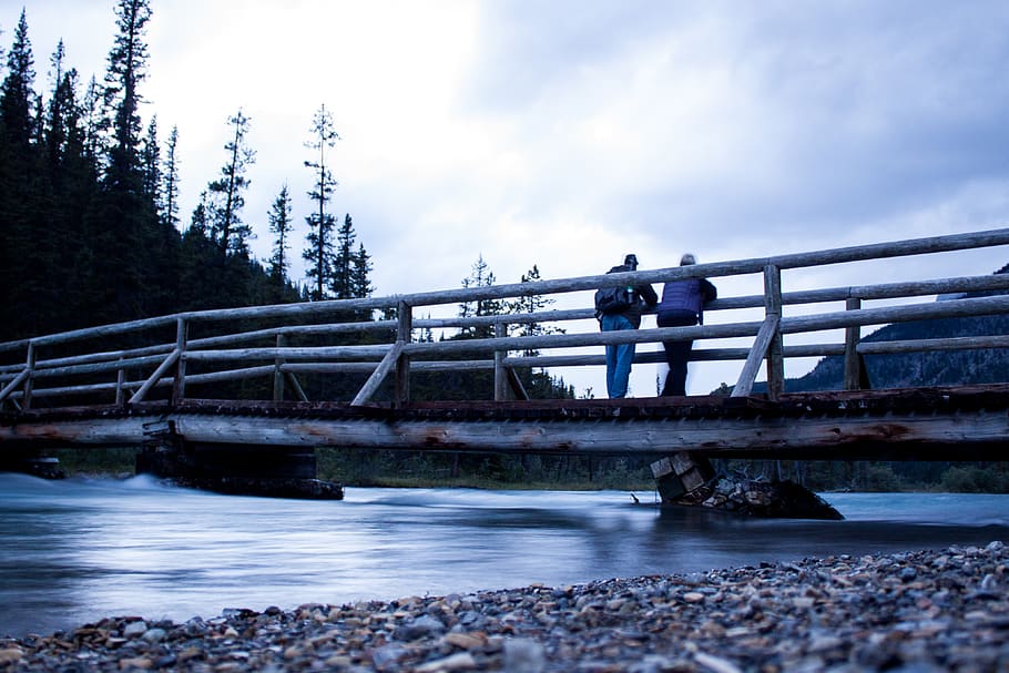 two person standing on dock bridge, human, building, architecture HD wallpaper