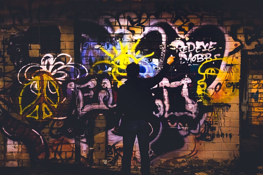 Silhouette Of Person , art, brick wall, graffiti, man, mural HD wallpaper