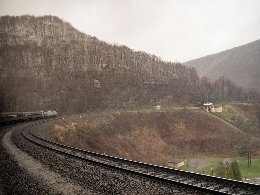 Train Crossing Tracks with Snow, Nature, Transportation, Trees HD wallpaper