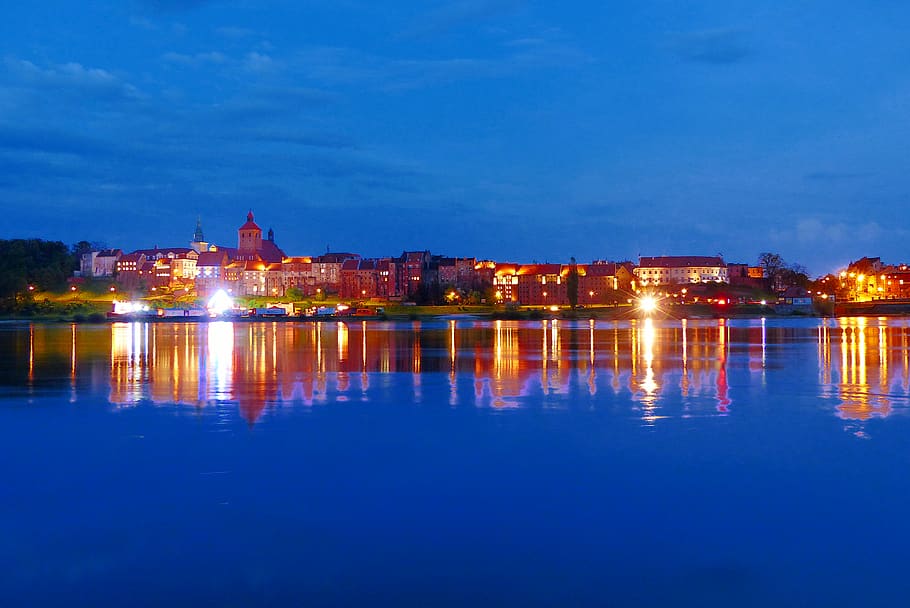 reflection, illuminated, water, building exterior, architecture HD wallpaper