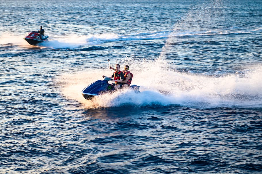 two men riding on jetski, water, nautical vessel, sea, motion HD wallpaper