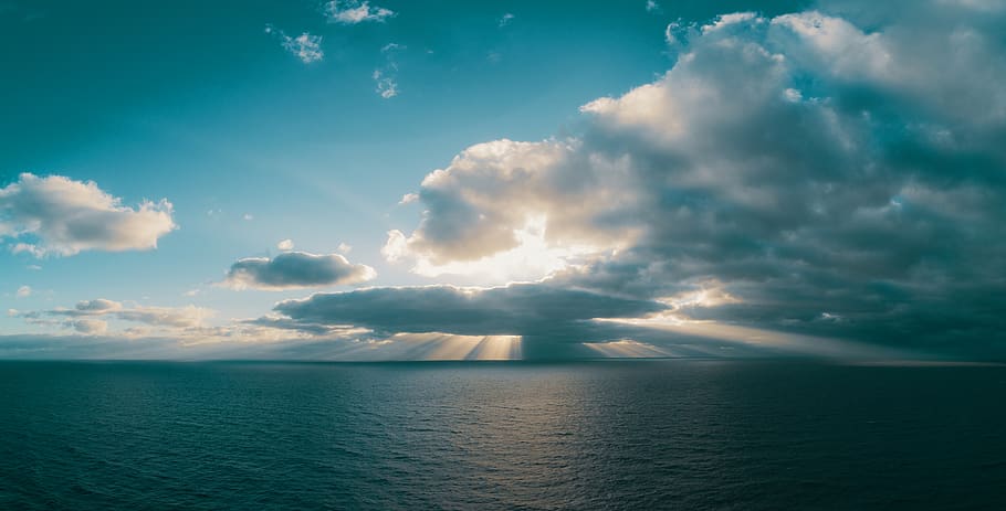 ocean and white clouds, nature, outdoors, sky, azure sky, horizon HD wallpaper