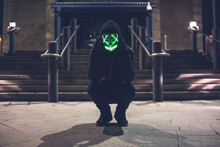 man wearing pullover hoodie and green LED mask, person, human, HD wallpaper