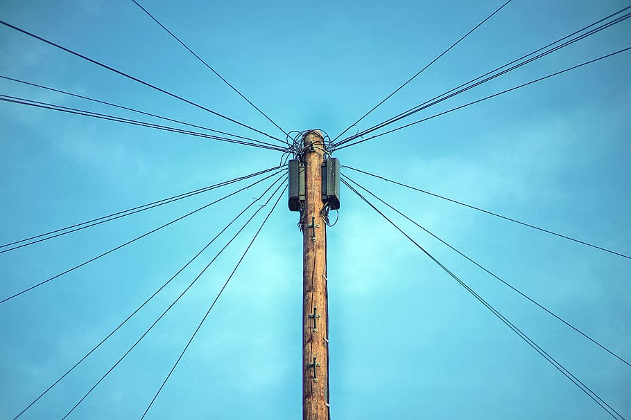 utility pole, cable, power lines, electric transmission tower, HD wallpaper