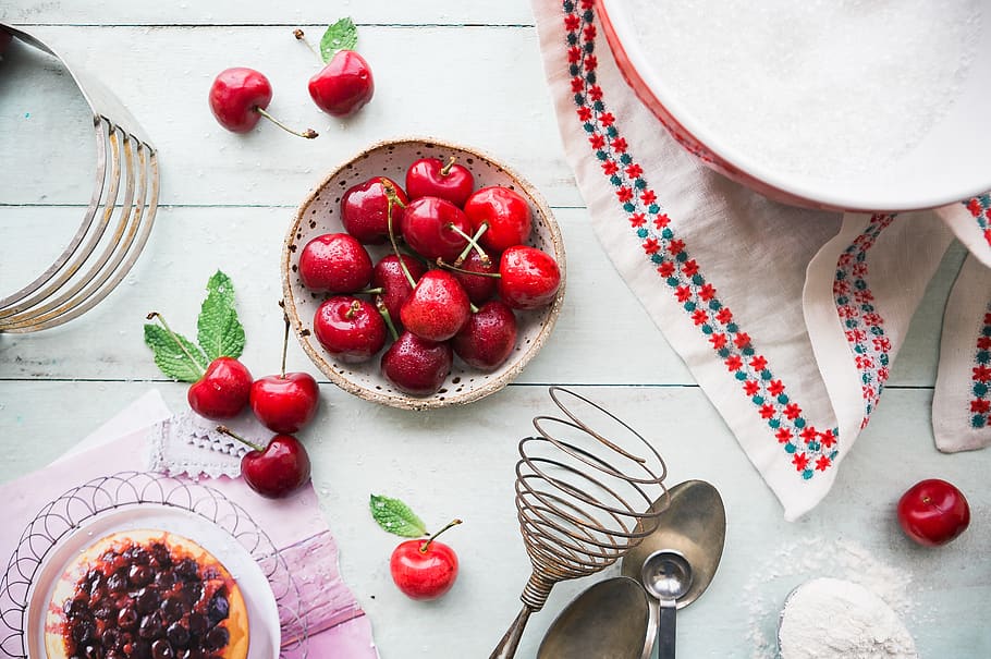 cherry, fruit, kitchen, utensils, bake, food, cloth, bowl, sugar HD wallpaper