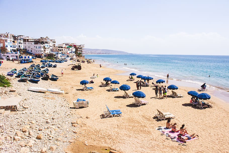 morocco, taghazout, sea, beach, water, land, sand, sky, architecture HD wallpaper