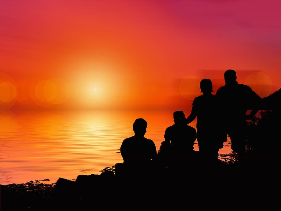 abendstimmung, sunset, beach, sea, viewing, personal, group HD wallpaper