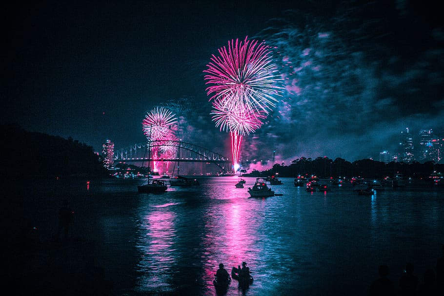 fireworks, harbour, blue, pink, night, celebration, harbor HD wallpaper