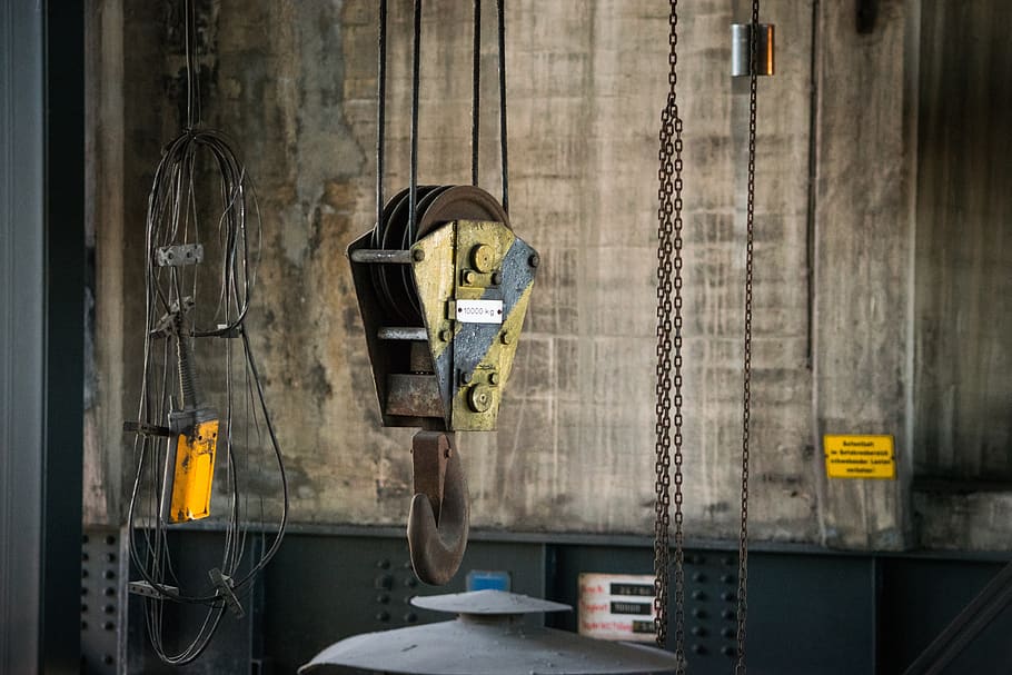 crane hooks, machine, industrial plant, bill, hall, technology HD wallpaper