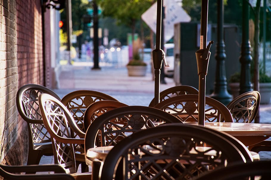 Brown Wooden Table Surrounded With Chairs, city, daylight, empty HD wallpaper