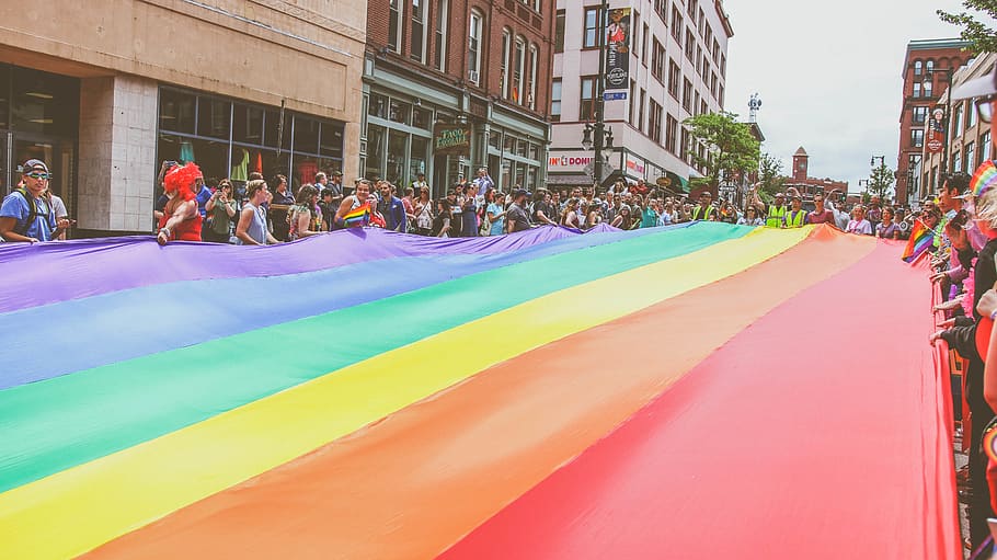 crown holding multicolored banner, portland, crowd, united states HD wallpaper