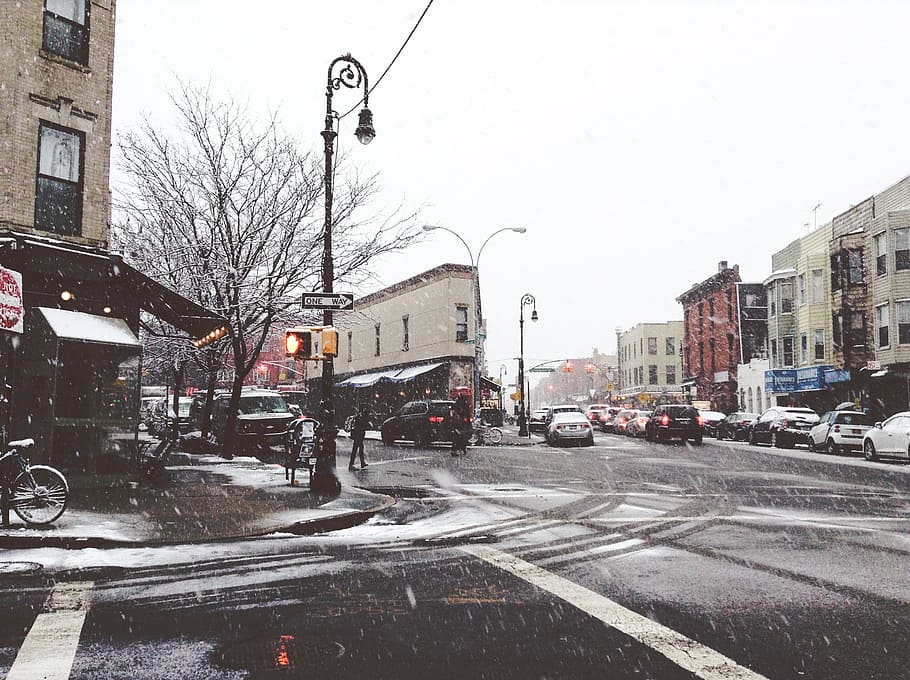 Brooklyn Snow, New York, NYC, Weather, Winter, buildings, car, HD wallpaper