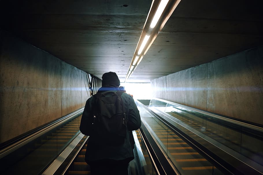 man riding escalator, rear view, architecture, transportation HD wallpaper