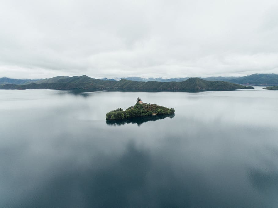 green islet, water, mountain, cloud - sky, scenics - nature, tranquility HD wallpaper