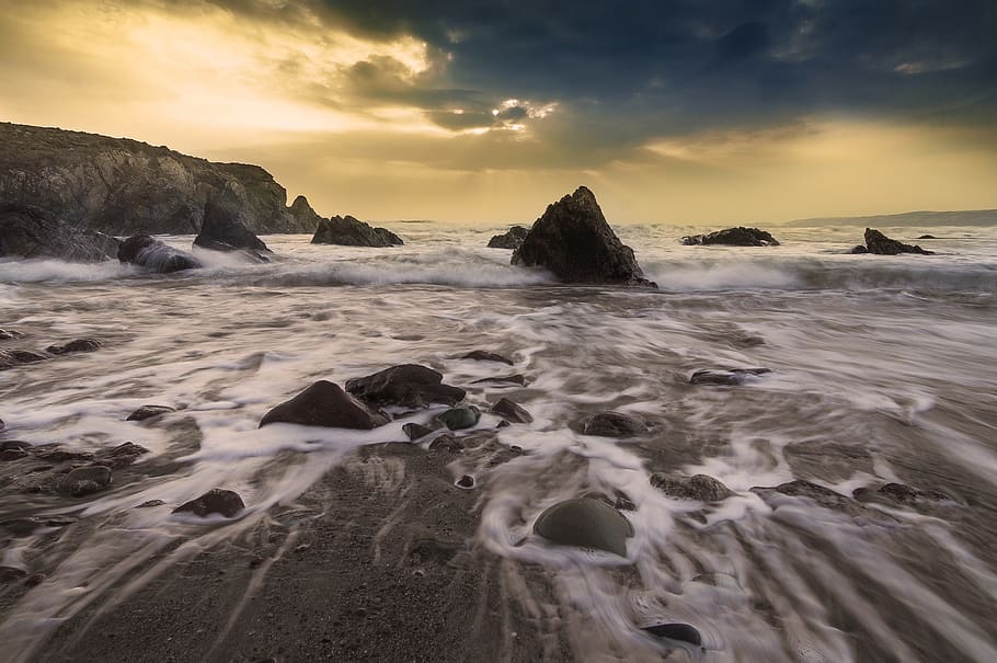 tide, shore, coast, ocean, sea, rocks, beach, water, bay, seascape HD wallpaper