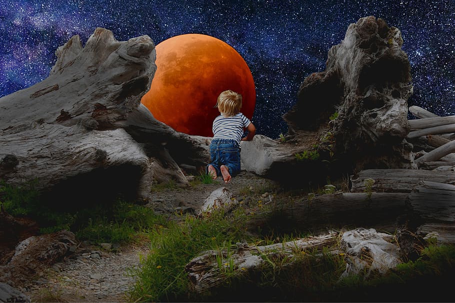 full moon, blood moon, red moon, lunar eclipse, child, boy, HD wallpaper