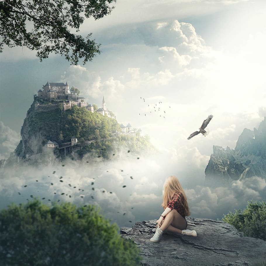sky, clouds, mountains, birds, castle, cute, eagle, trees, nature HD wallpaper
