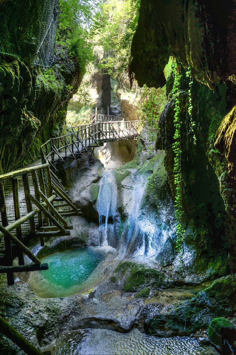 Waterfalls Under Brown Bridge, cascade, environment, flow, nature HD wallpaper