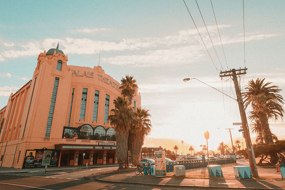 Alais Theater, road, palm tree, town, city, urban, building, downtown HD wallpaper