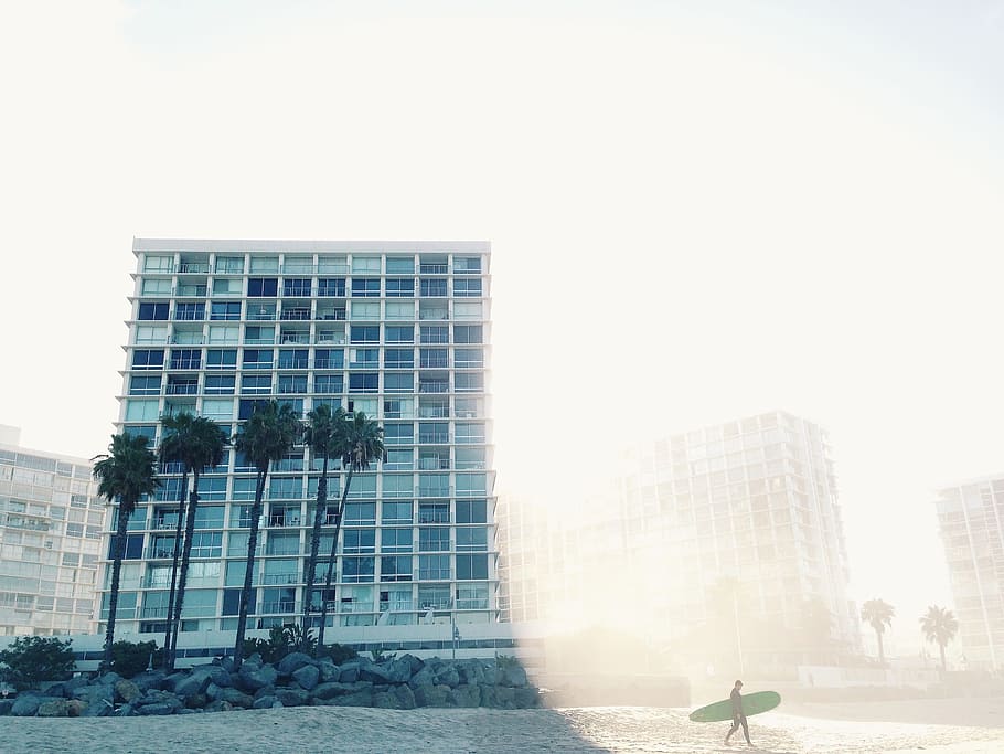 surf, surfing, wave, water, sea, shore, beach, board, building HD wallpaper