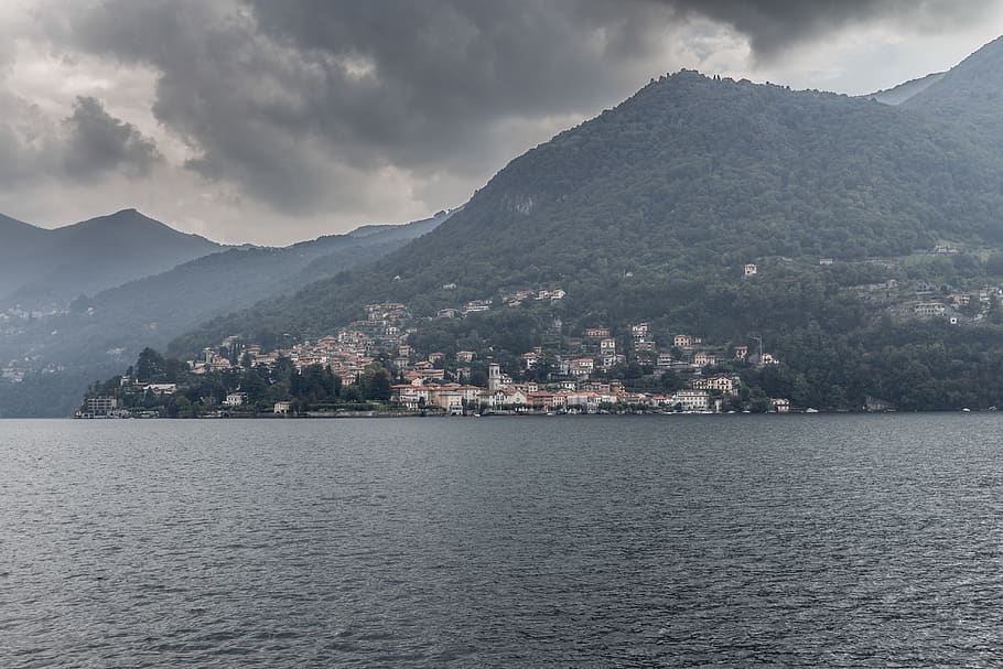 italy, como, cold, sky, forest, rain, clouds, lake, mountain HD wallpaper