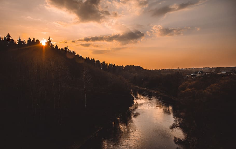 Sunset over River, backlit, clouds, dawn, environment, forest HD wallpaper