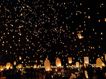 Group of People Throwing Paper Lantern on Sky during Night, bright HD wallpaper