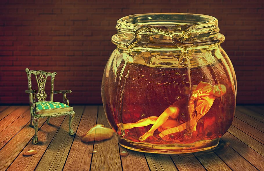 honey, underwater, photomanipulation, the jar of honey, honey jar, HD wallpaper