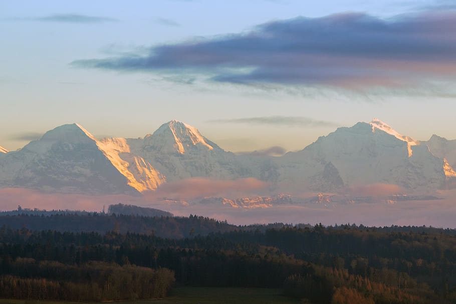 mountains, shining, eiger, monk, virgin, landscape, sky, clouds HD wallpaper