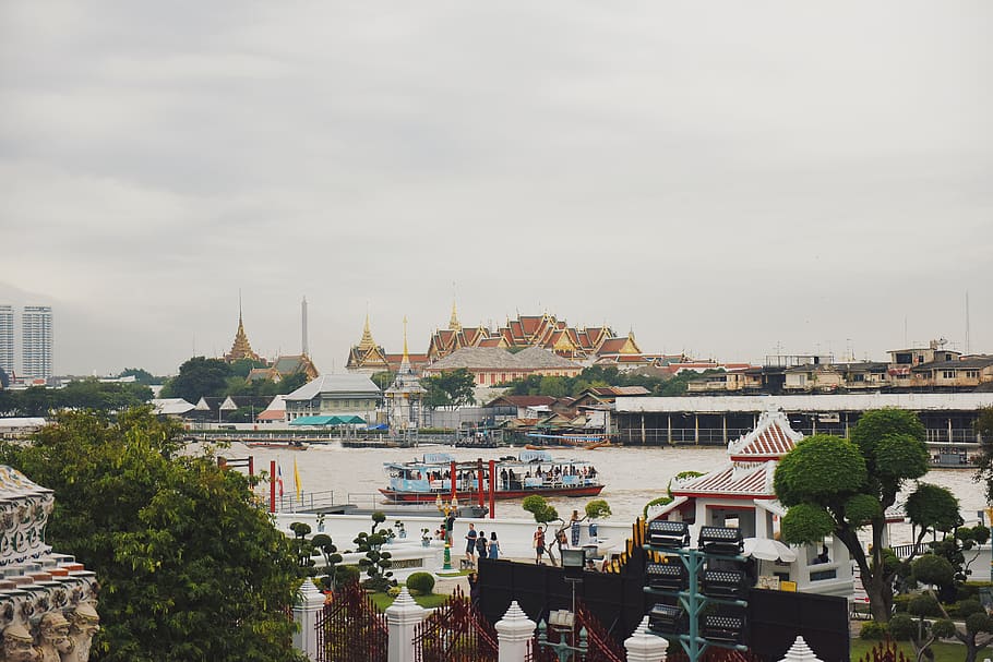 thailand, wat arun, pier, river, city, landscape, bangkok, boat, HD wallpaper