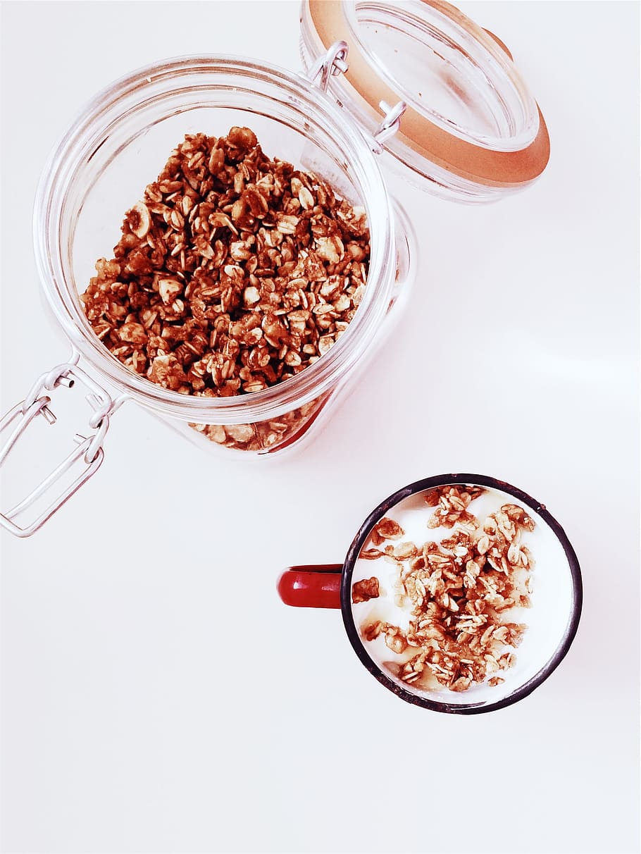 Granola, breakfast, cereal, cereals, cup, jar, meal, milk, morning, HD wallpaper