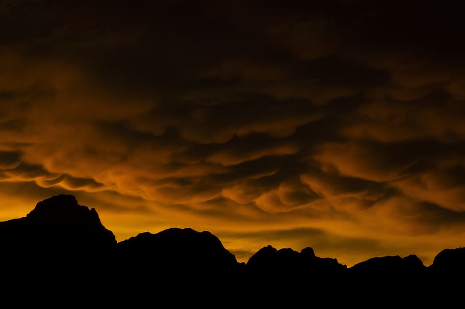 silhouette of mountain range during golden hour, cloud, sky, orange, HD wallpaper