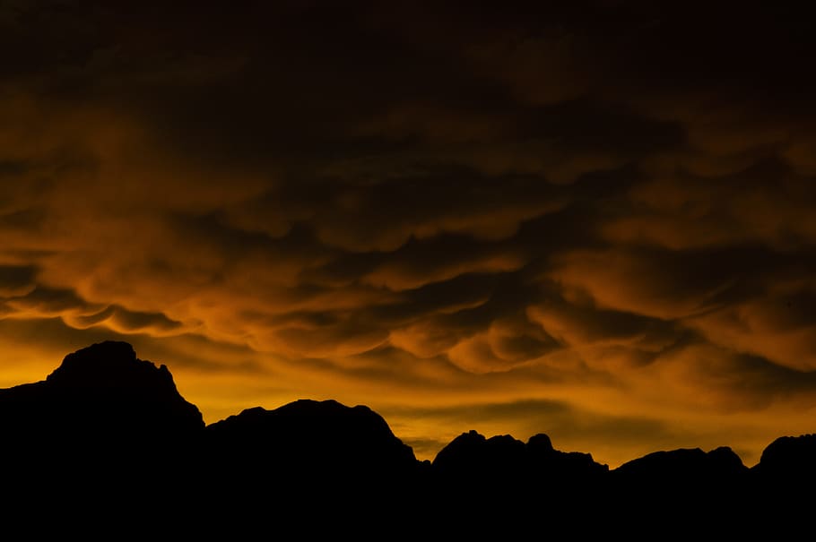 silhouette of mountain range during golden hour, cloud, sky, orange HD wallpaper