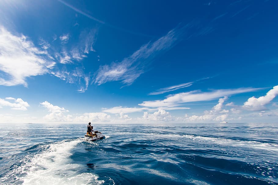 People Riding A Jet Ski, beach, daylight, fun, horizon, maldives HD wallpaper