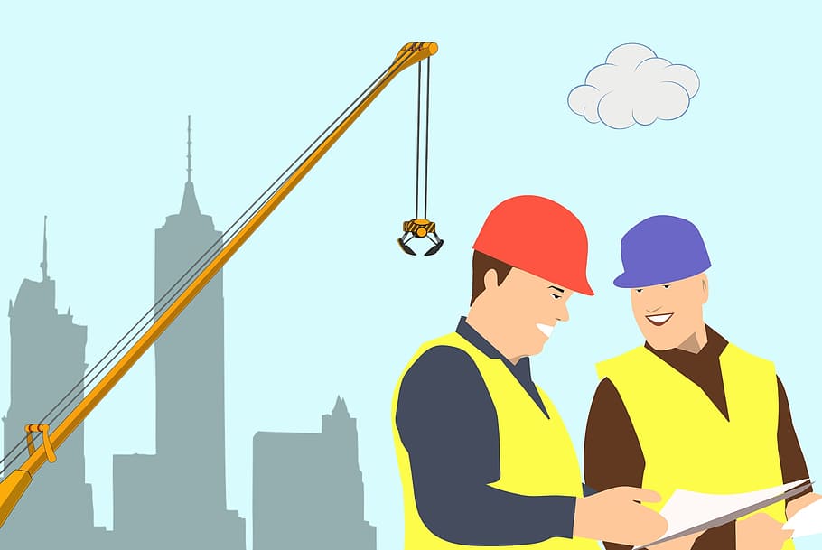 Illustration of two men working on a construction site., engineer HD wallpaper