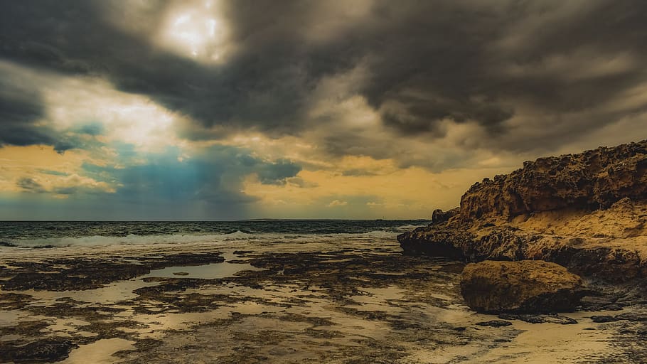 stormy weather, rocky coast, clouds, sky, nature, landscape, HD wallpaper
