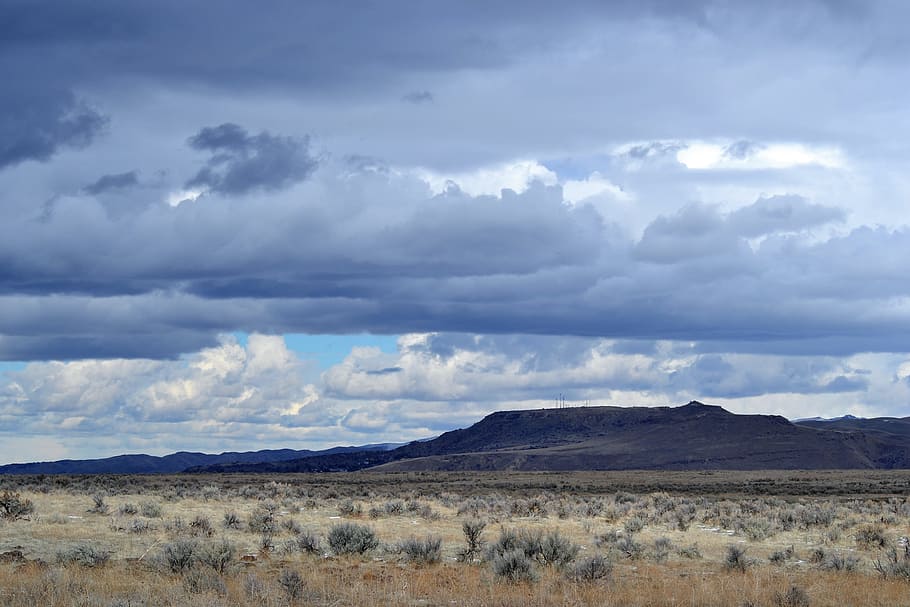 Gray Grass Field Leading to Mountains Under Gray Heavy Clouds HD wallpaper