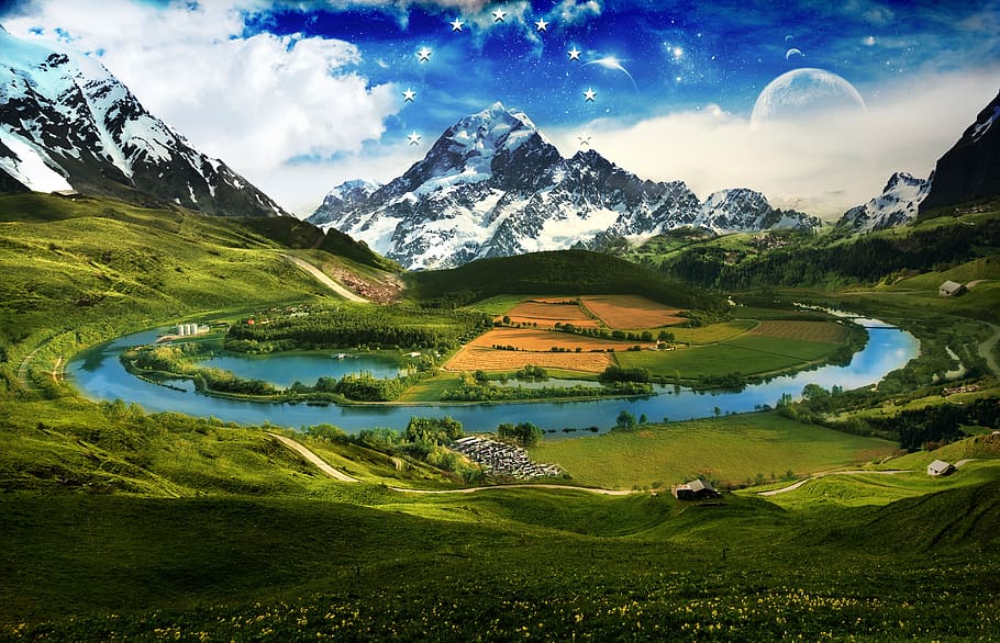Body of Water Between Green Field, clouds, grass, grassland, HD wallpaper HD wallpaper